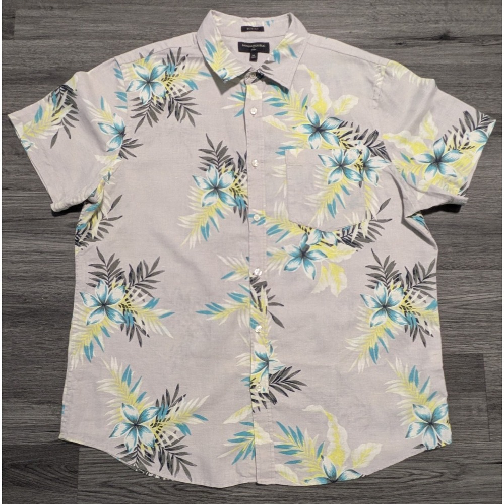 J Crew Men's Gray Floral Print Linen‎ Cotton Slim Fit Hawaiian Shirt Size XL